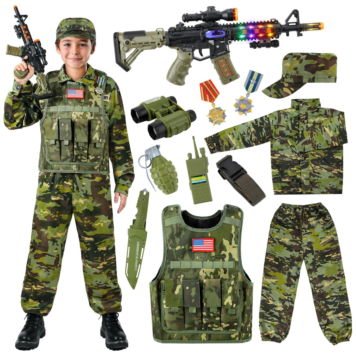 Metemot Kids Army Costume for Boys Military Soldier with Toys