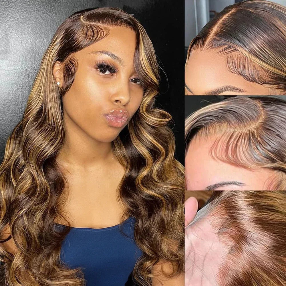 HD Highlight 46 Inch 13x4 Body Wave Lace Front Wigs 200 Density P4/27 Colored Human Hair 13x6 Body Wave Full Lace Frontal Wigs
