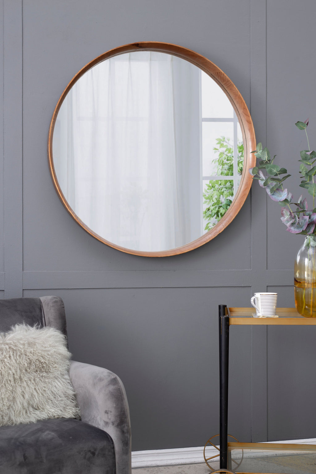 Round Brown Wood Frame Wall Mirror, 39.4 in