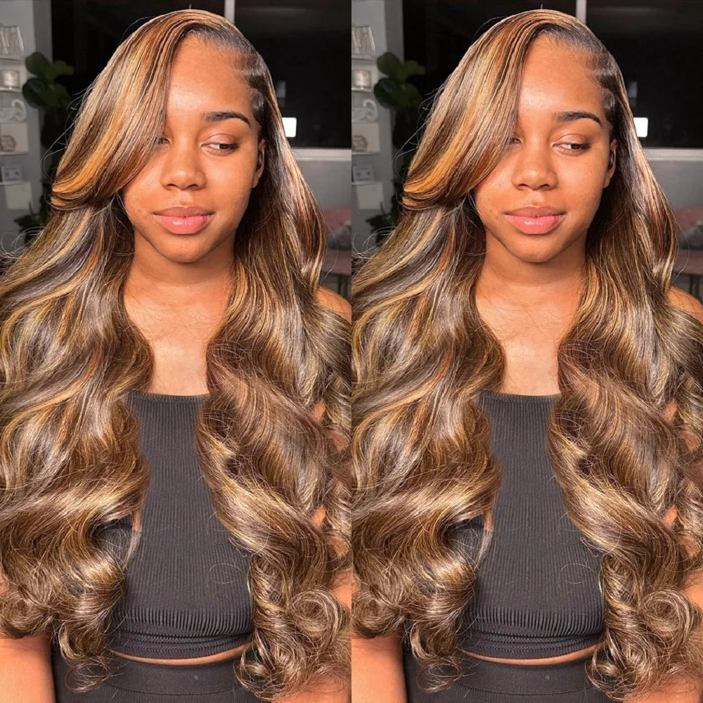 HD Highlight 46 Inch 13x4 Body Wave Lace Front Wigs 200 Density P4/27 Colored Human Hair 13x6 Body Wave Full Lace Frontal Wigs