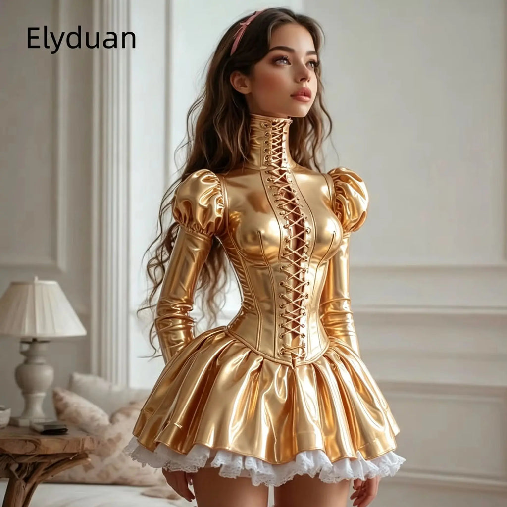Black Glossy PVC Corset Mini Prom Dress High Neck Front Lace‑Up Puff Long Sleeve Cosplay Party Gown Masquerade Dress Customized