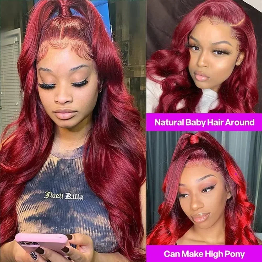 99J Burgundy 13X6 HD Transparent Lace Frontal Wigs 220% Density Remy Hair Straight Wig 46 Inch Pre Plucked With Baby Hair For Women