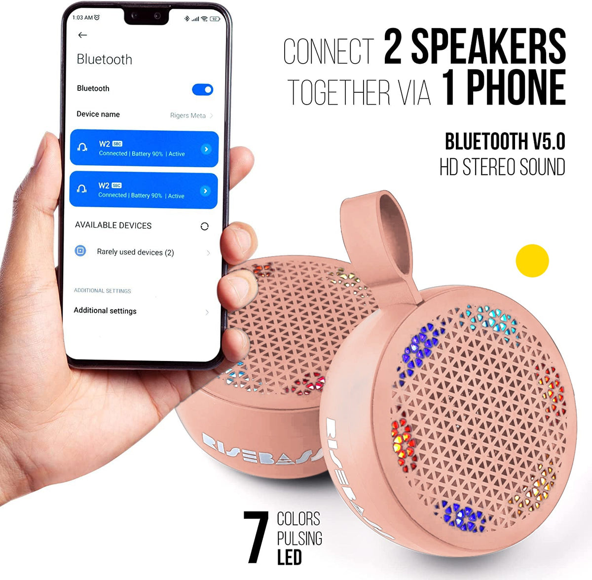 RISEBASS Waterproof Bluetooth Shower Speaker with LED Light & Hands-Free