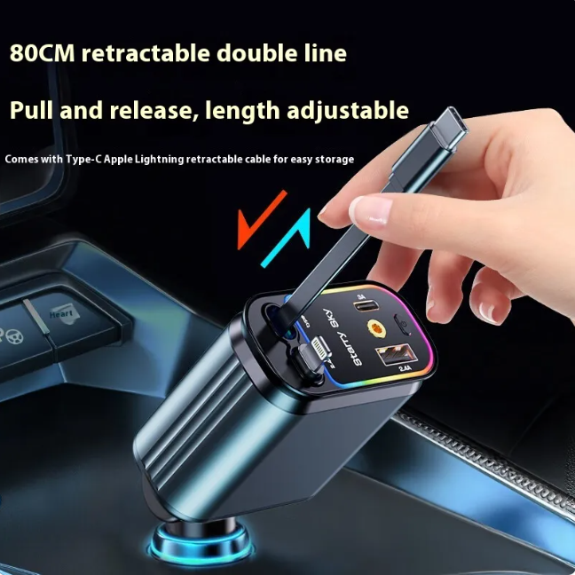 Retractable Car Charger 120W, USB & Type-C Fast Charging