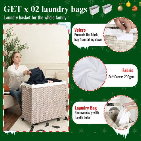 Laundry Hamper with Lid, PE Rattan, 2 Removable Bags & Wheels, 160L (Gray)