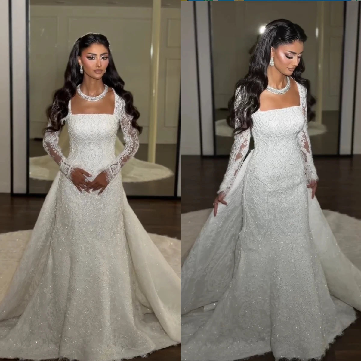 Elegant Mermaid Wedding Dresses Square Neck Puff Long Lace Sleeves Beaded Sequins Lace Bridal Dress Vestidos De Novia Customized