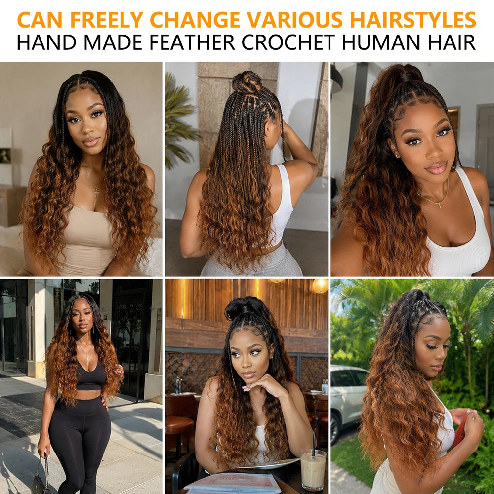 TB30 T1B/30 Ombre Highlight Body Wave  Crochet Human Hair Miracle Knots Feather Extensions Invisible Knotless Pre Separated Boho Braiding Hair Natural Texture Soft Bouncy For Women