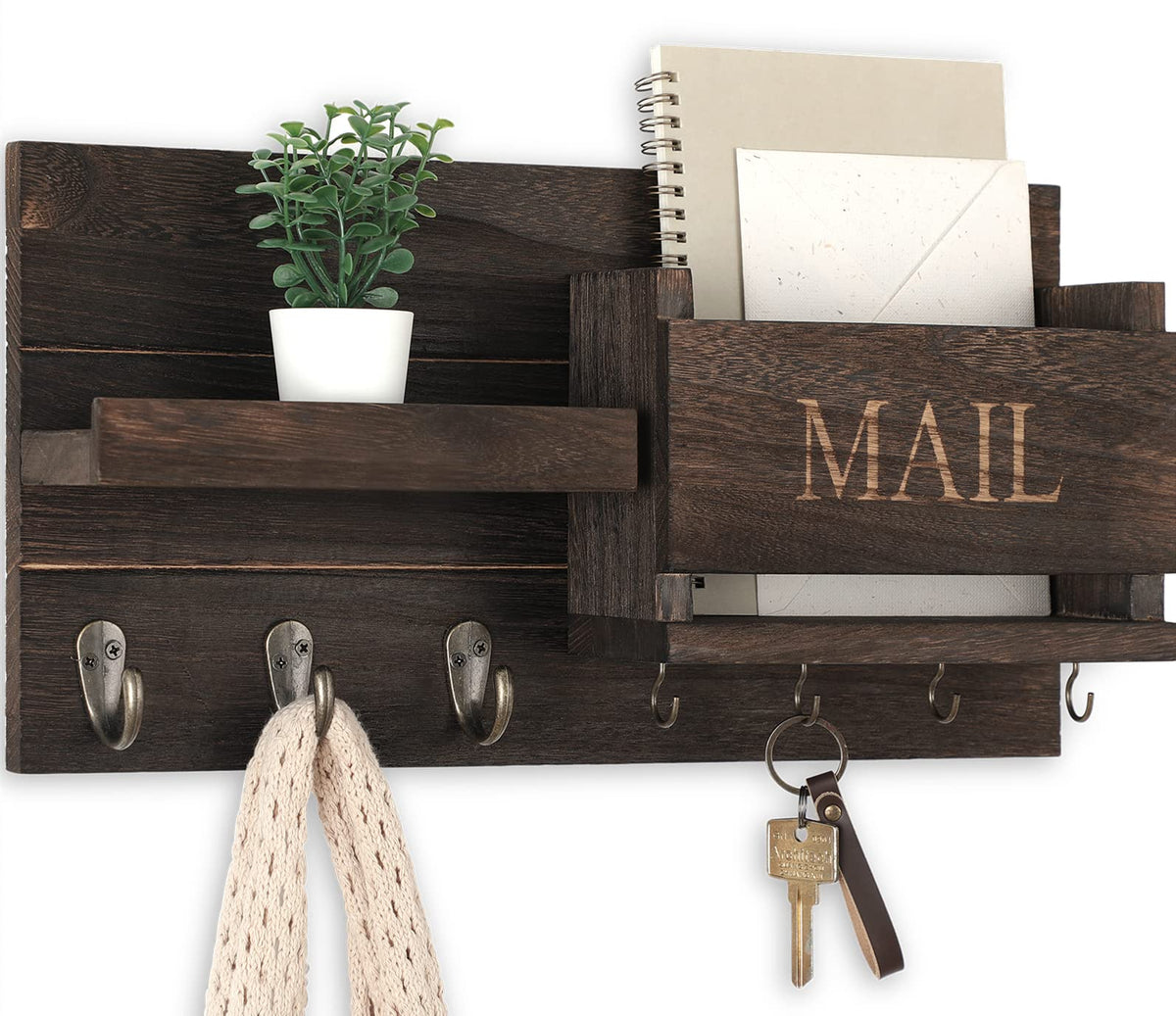 Lwenki Wall-Mount Mail Organizer & Key Holder with Shelf, Rustic Wood (Brown)