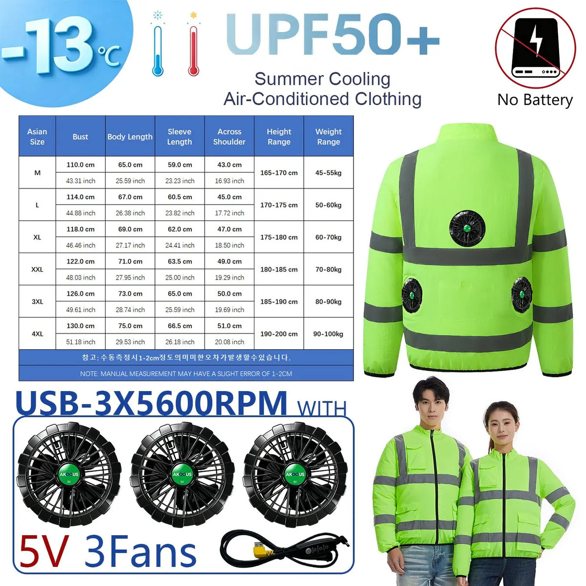AKOOUS 6500 RPM 12V/5V USB 3-Fans Cooling Vest Air Conditioned Clothes Men Women Outdoor Work Fishing Body Cooling Jacket