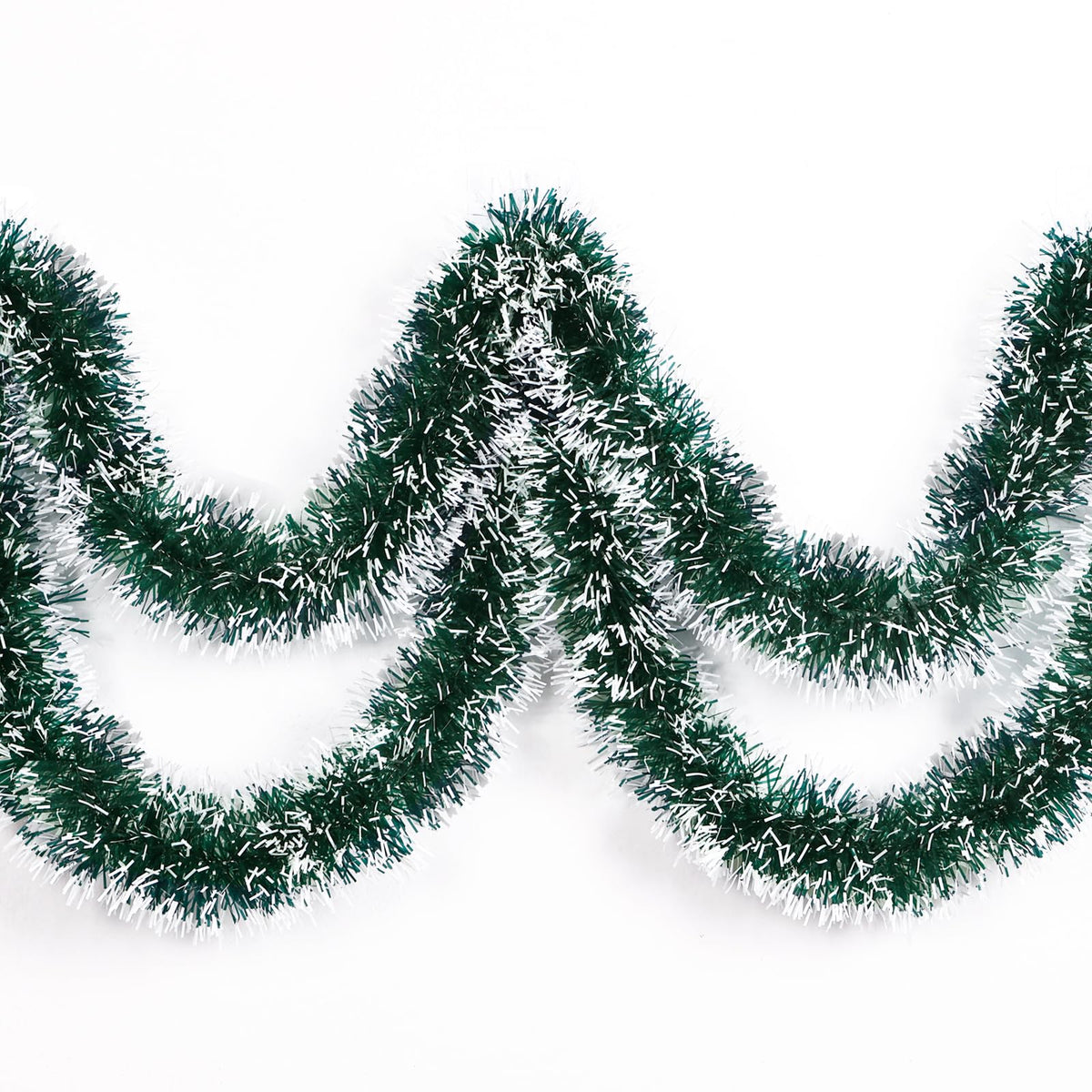 Christmas Tinsel Garland 33 Feet - Green & White Snowy, 6 Strand