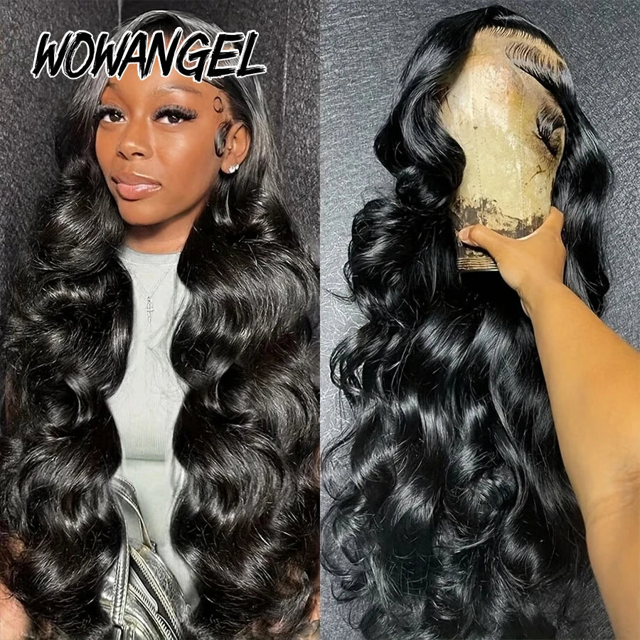 WOWANGEL Jet Black Body Wave Lace Front Human Hair Wig 250% Brazilian Virgin 13x6 HD Lace Full Frontal Wig Pre Plucked For Women