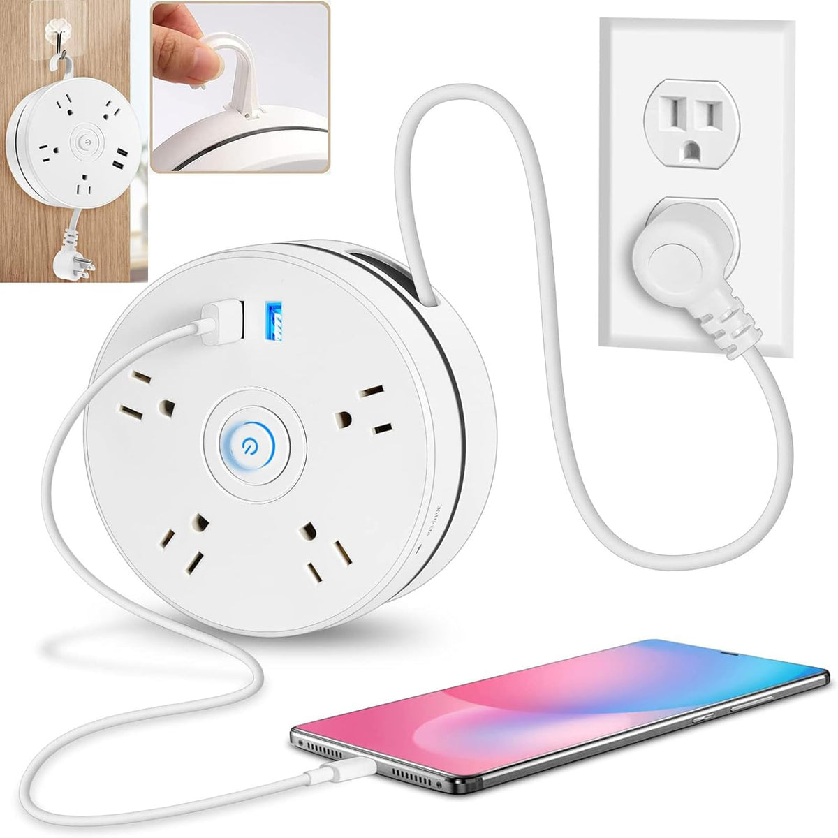 Retractable Power Strip, 6ft Cord, Surge Protector with 4 Outlets & 2 USB (White)