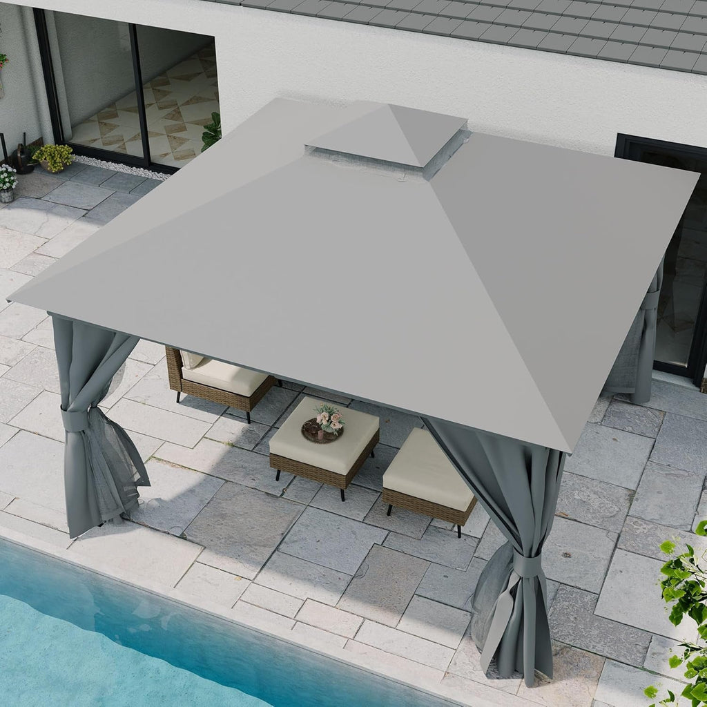 Gray 12x12 Outdoor Gazebo With Mosquito Netting Coverage