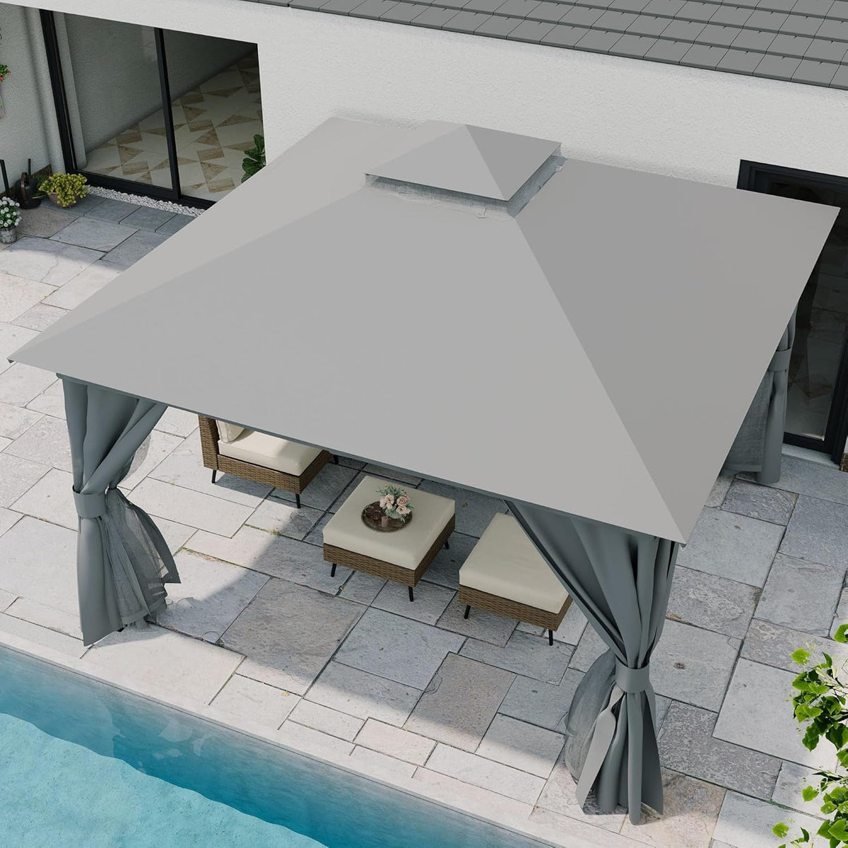 Gray 12x12 Outdoor Gazebo With Mosquito Netting Coverage