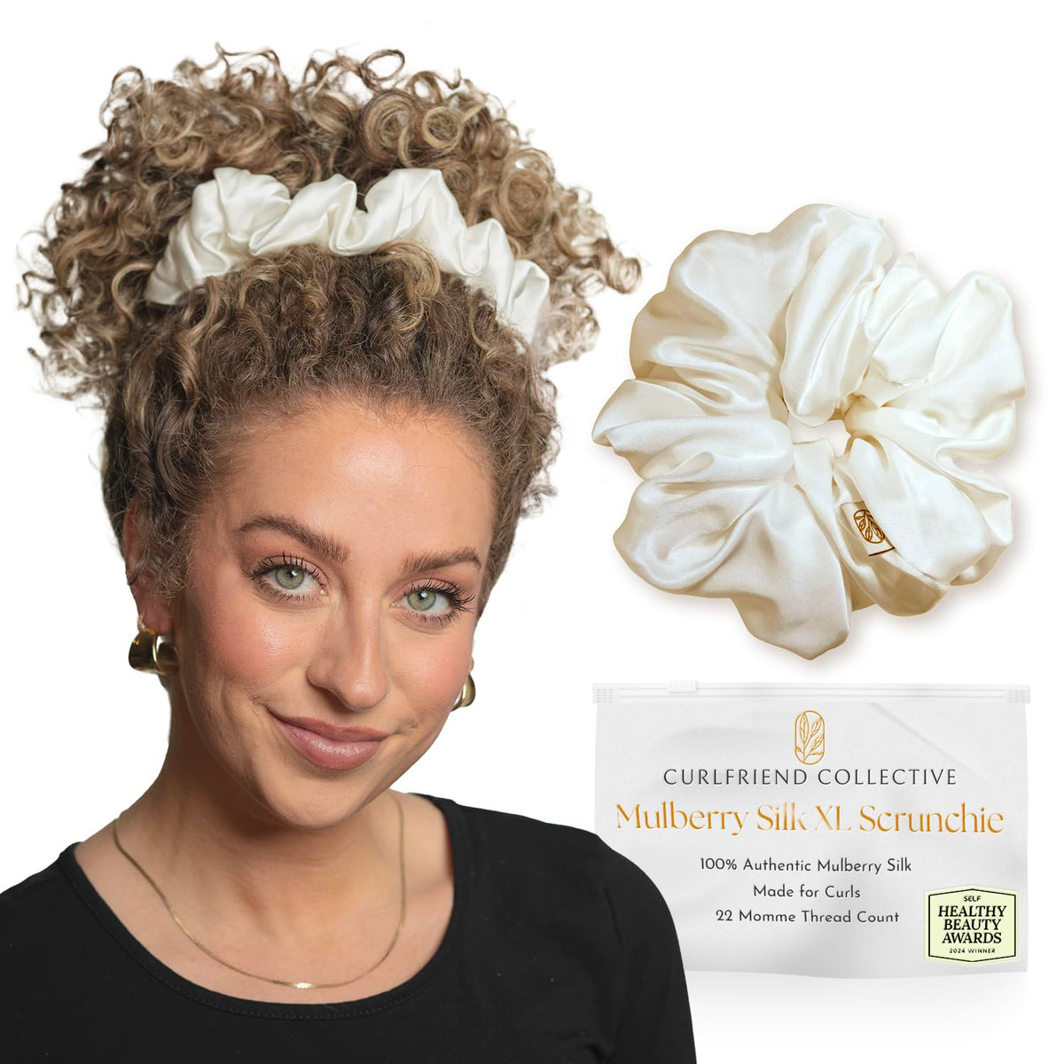 Mulberry Silk Scrunchies, Extra Large, Anti-Breakage (White, XL)