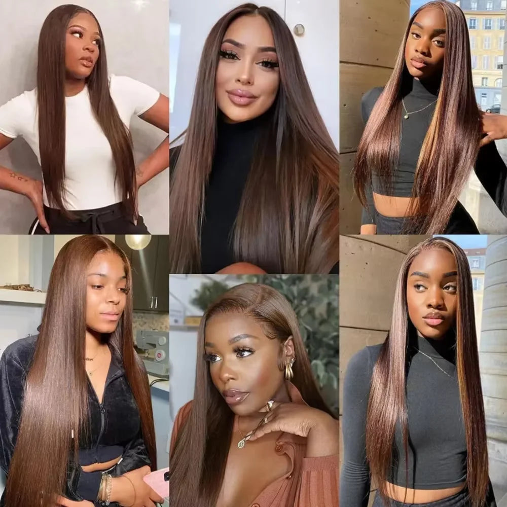 Chocolate Brown Straight Human Hair Wigs 13x6 HD Transparent Lace Frontal Wig Pre Plucked 30 Inch 13x4 Brazilian Wigs For Women