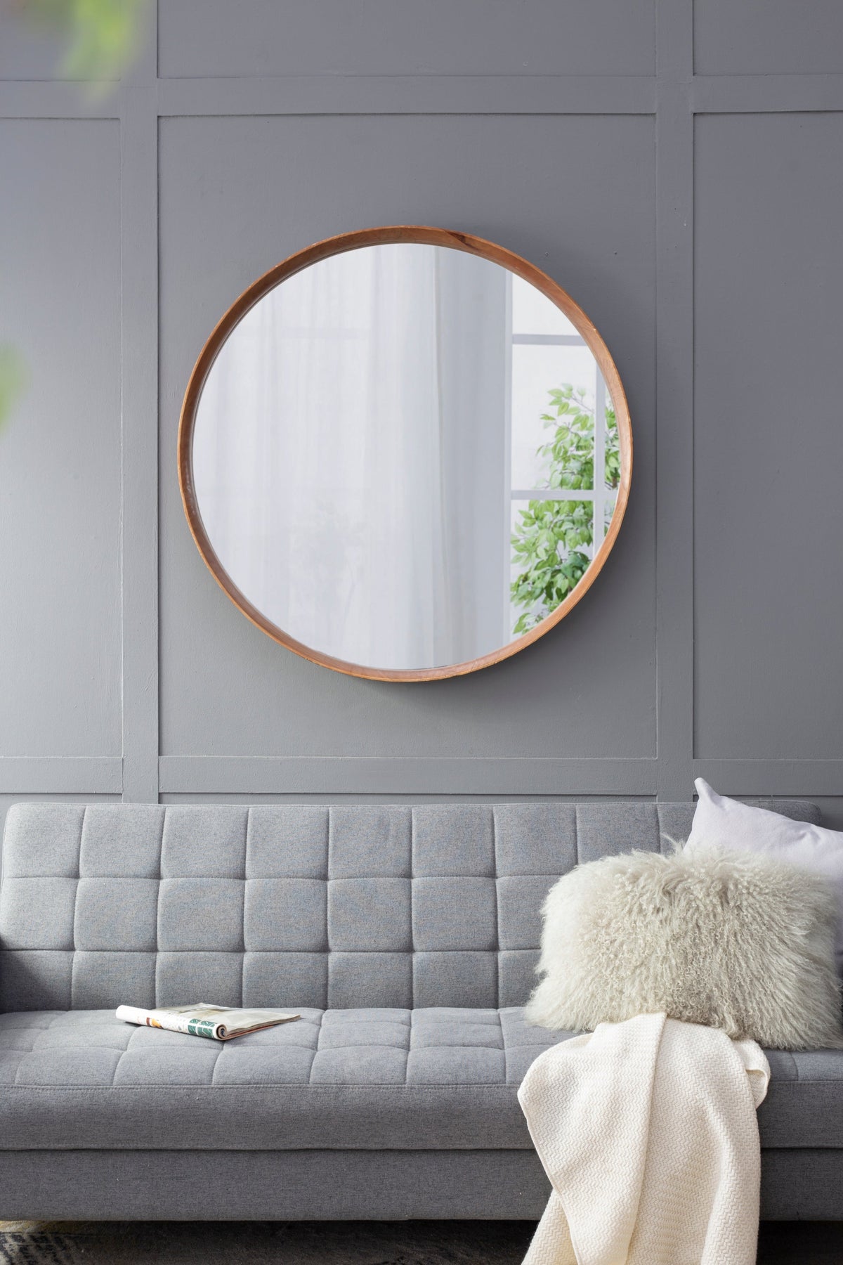 Round Brown Wood Frame Wall Mirror, 39.4 in