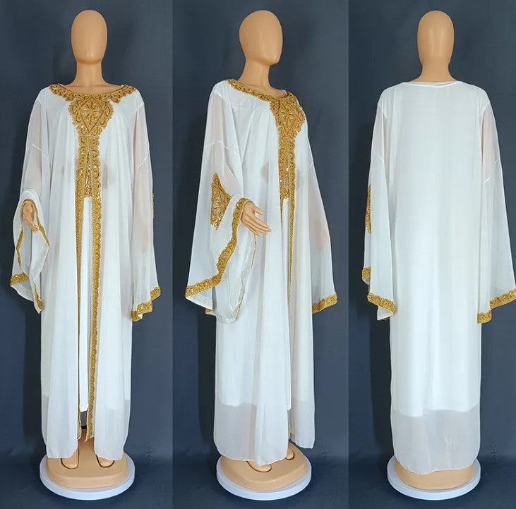 Gold Kaftan Dress Set with Scarf