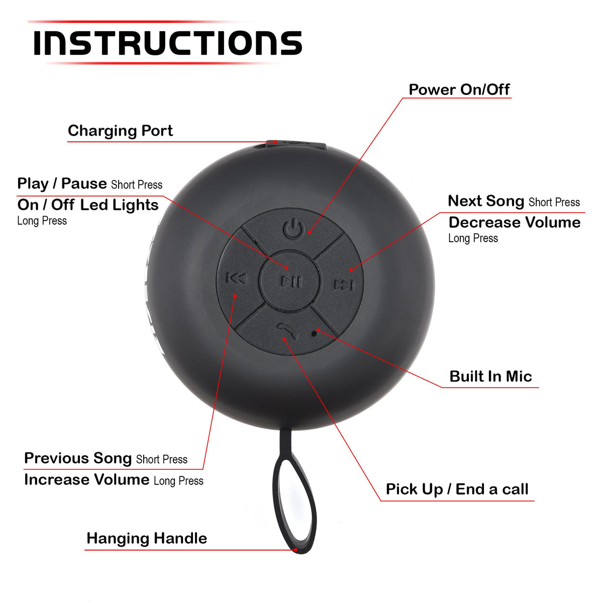 RISEBASS Waterproof Bluetooth Shower Speaker with LED Light & Hands-Free