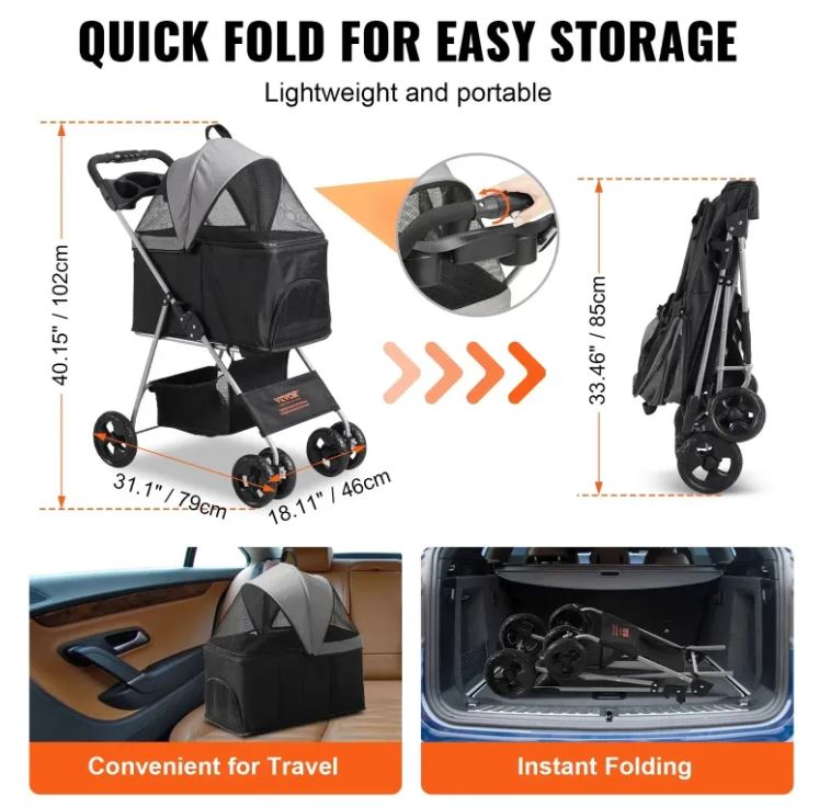 VEVOR 4-Wheel Pet Stroller with Brake, up to 35 lbs