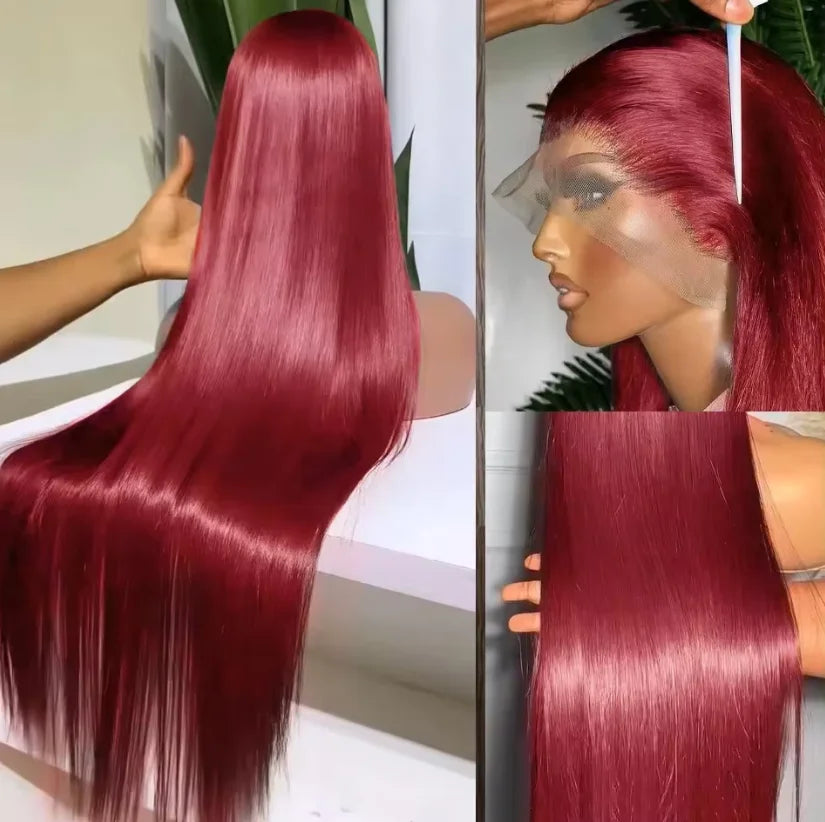 99J Burgundy Silky Straight Human Hair Lace Front Wig 46 Inch 13x6 Lace Frontal Wig 200 Density Pre Plucked Natural Hairline With Baby Hair Wigs For Women