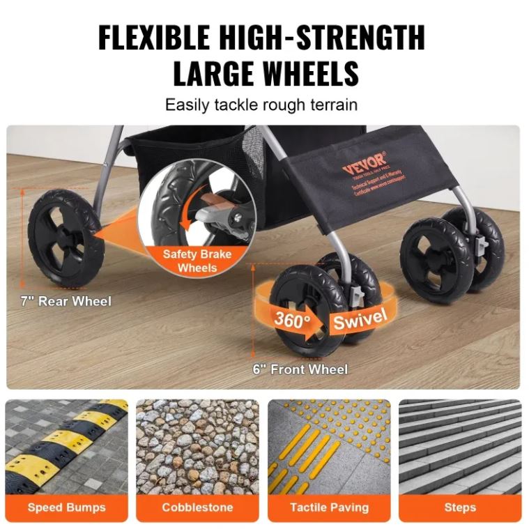 VEVOR 4-Wheel Pet Stroller with Brake, up to 35 lbs