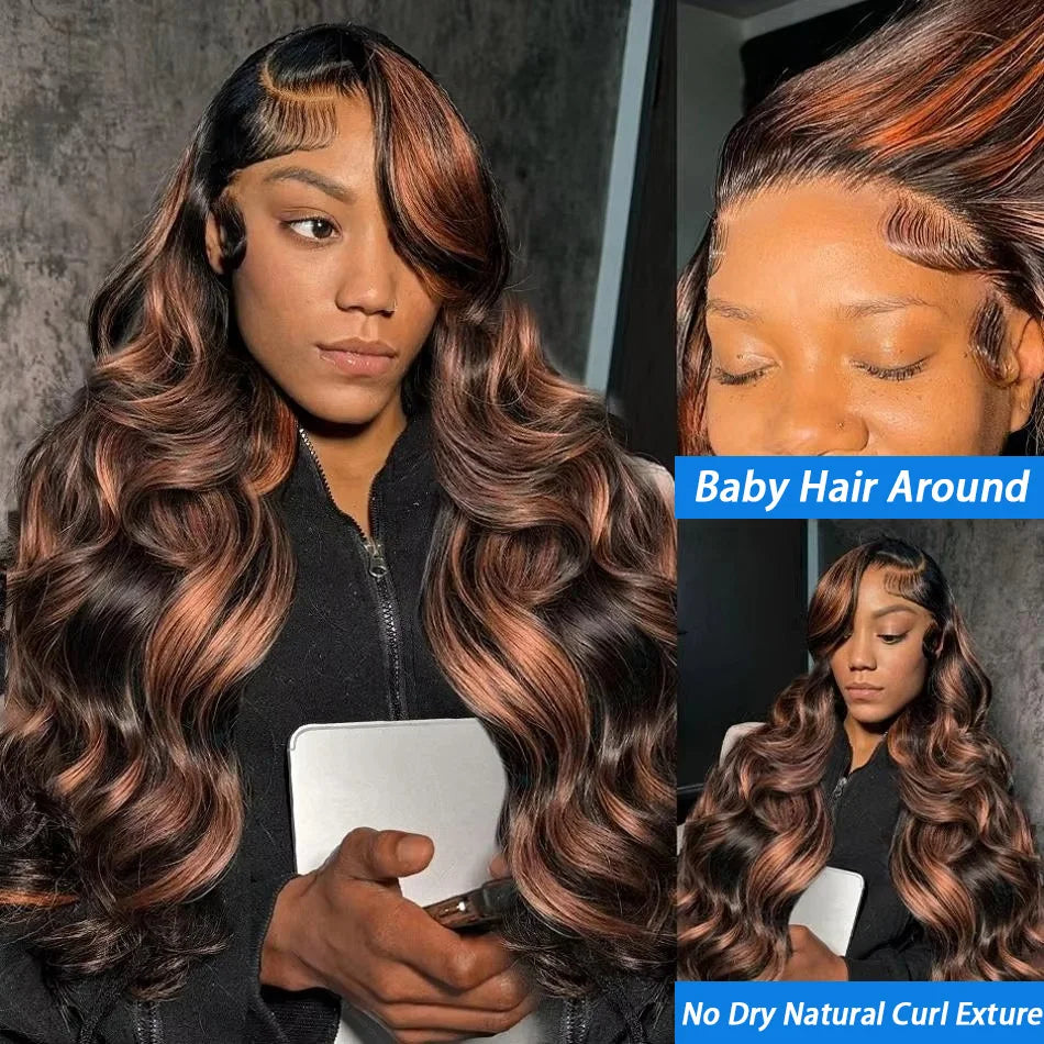 Highlight Ombre 13x4 Lace Front Wigs Human Hair Body Wave Lace Front Pre Plucked 13x6 1B/30 Brown Highlight Wig 220 Density For Women