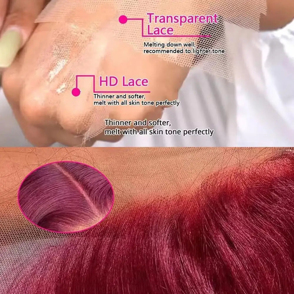 13x6 HD Transparent Lace 200 Density 13x4 Full Frontal Lace 99j Burgundy Preplucked Colored Deep Wave Frontal Human Hair Wig