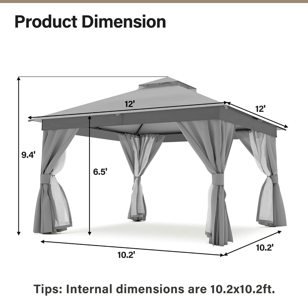 Gray 12x12 Outdoor Gazebo With Mosquito Netting Coverage