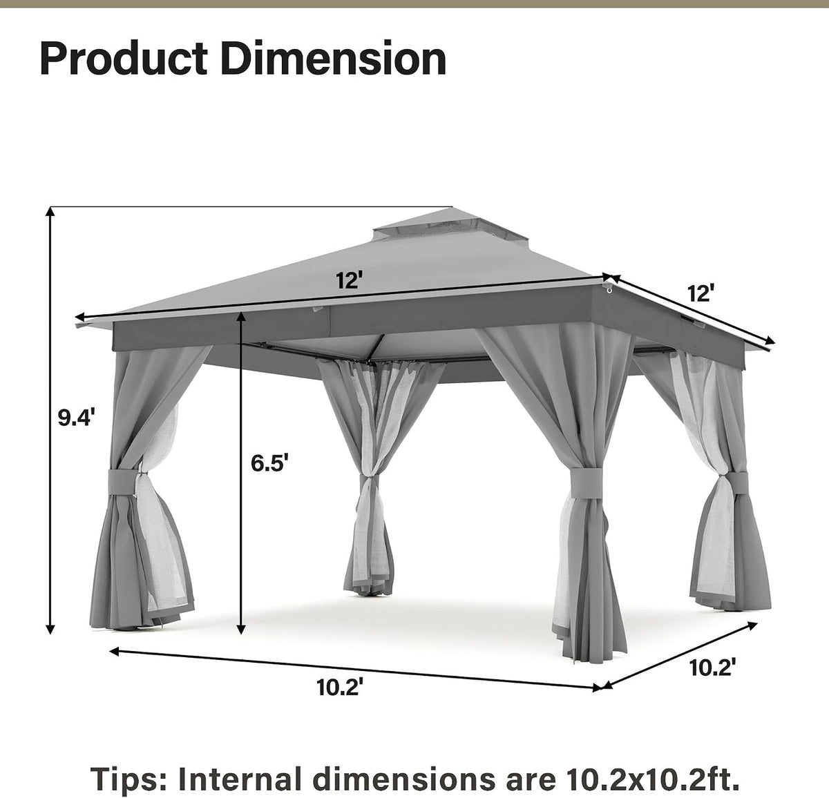 Gray 12x12 Outdoor Gazebo With Mosquito Netting Coverage