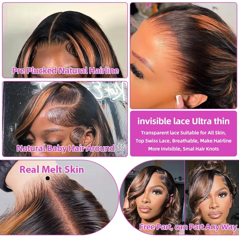 Highlight Ombre 13x4 Lace Front Wigs Human Hair Body Wave Lace Front Pre Plucked 13x6 1B/30 Brown Highlight Wig 220 Density For Women