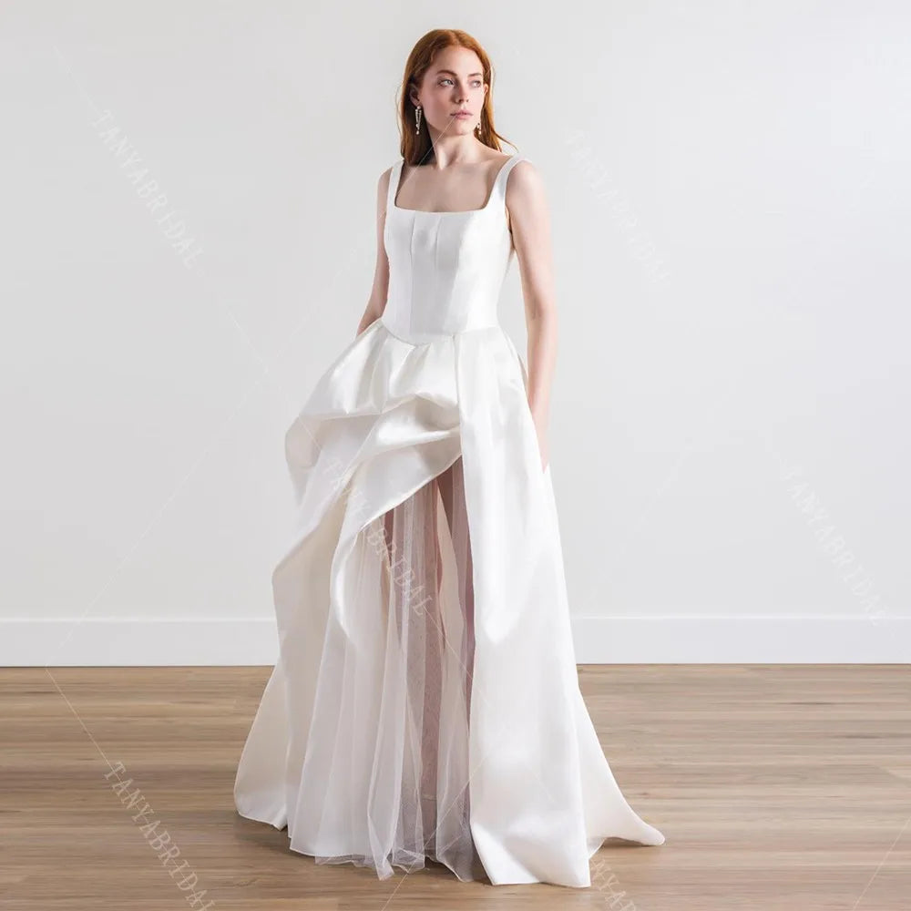 Square Collar Satin Bridal Gowns High Low A Line Fashion Wedding Dress Sleeveless Lace Up Back Simple Bridal Party Dress TSWD624