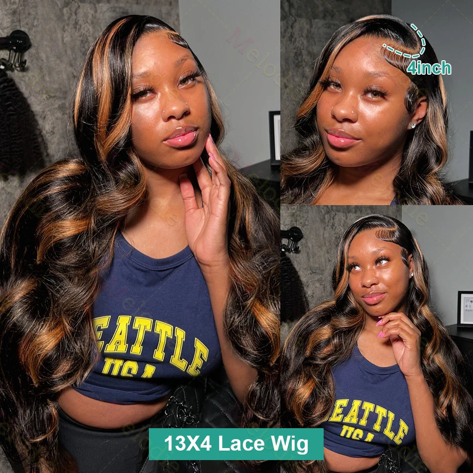 Highlight Ombre 13x4 Lace Front Wigs Human Hair Body Wave Lace Front Pre Plucked 13x6 1B/30 Brown Highlight Wig 220 Density For Women
