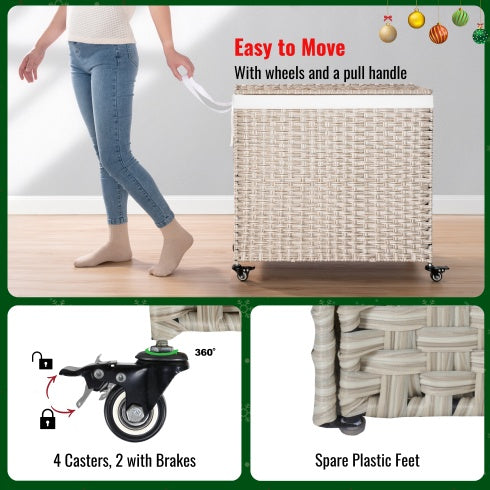 Laundry Hamper with Lid, PE Rattan, 2 Removable Bags & Wheels, 160L (Gray)
