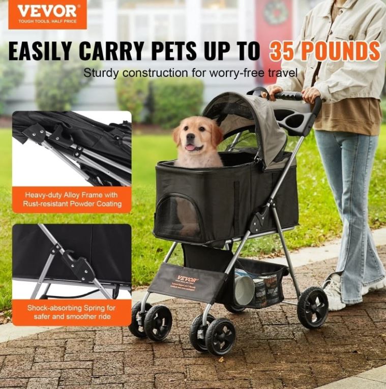 VEVOR 4-Wheel Pet Stroller with Brake, up to 35 lbs