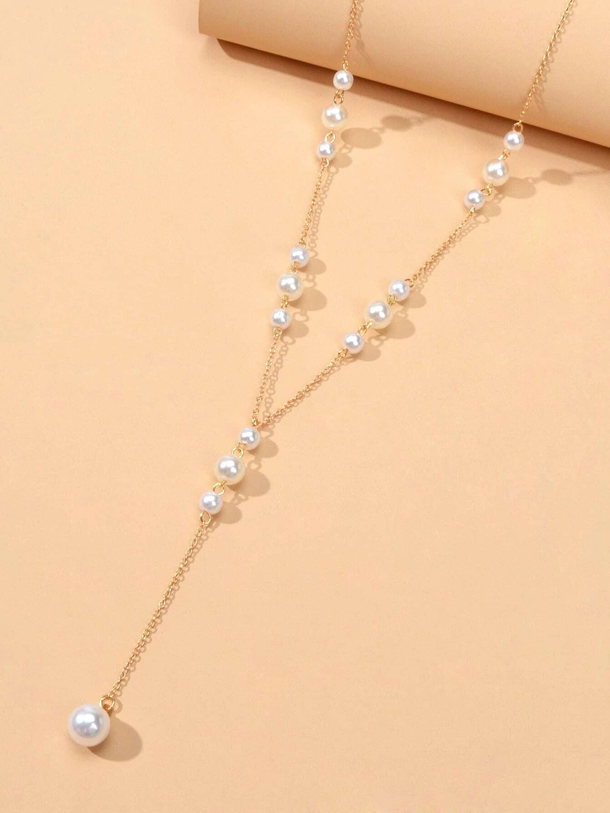 Pearl Decoration Long Gold Chain Y Shape Pendant Clavicle Necklace