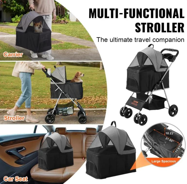 VEVOR 4-Wheel Pet Stroller with Brake, up to 35 lbs