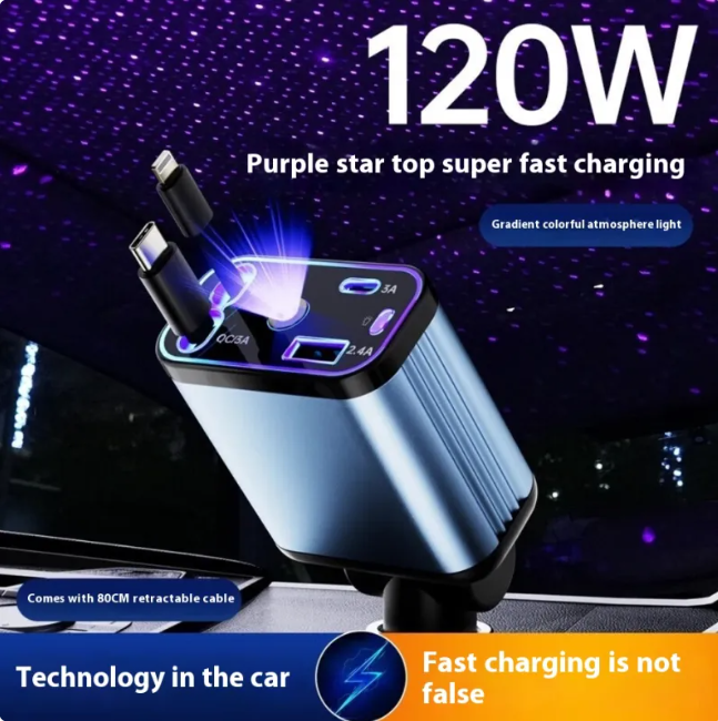 Retractable Car Charger 120W, USB & Type-C Fast Charging
