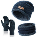 Winter Beanie, Scarf & Touchscreen Gloves Set - Fleece Lined, Navy Blue