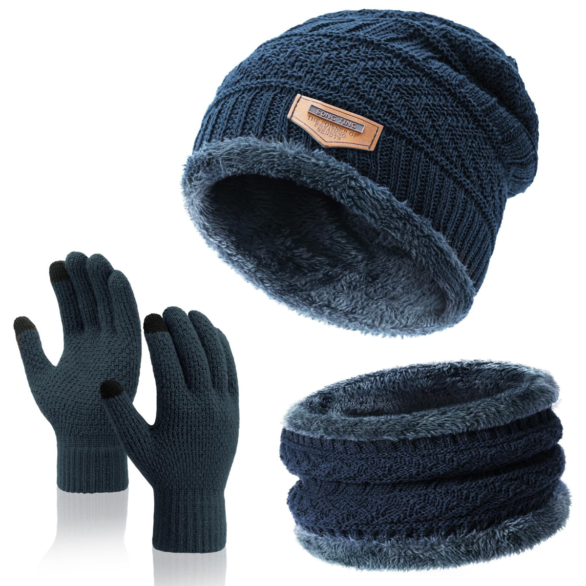 Winter Beanie, Scarf & Touchscreen Gloves Set - Fleece Lined, Navy Blue