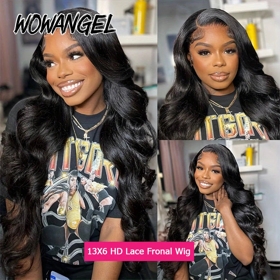WOWANGEL Jet Black Body Wave Lace Front Human Hair Wig 250% Brazilian Virgin 13x6 HD Lace Full Frontal Wig Pre Plucked For Women