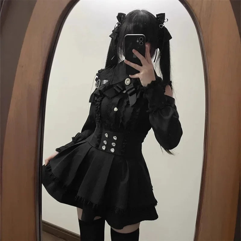Dark Sweet Heart Ground Type Lolita Set, Ruffle Sleeve Top & A-line Skirt, Cute Kawaii Japanese Style Gothic Coord Outfit S-XL