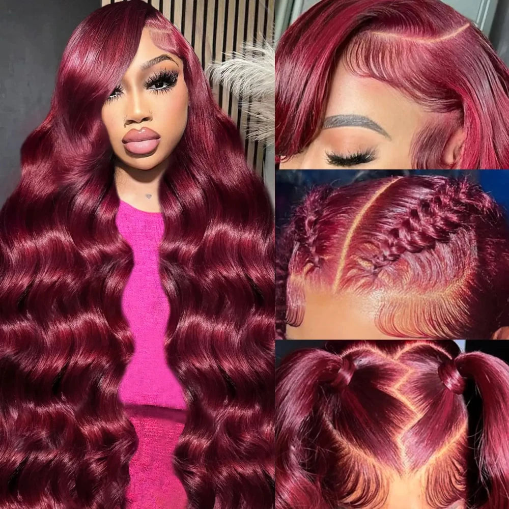99J Burgundy 13X6 HD Transparent Lace Frontal Wigs 220% Density Remy Hair Straight Wig 46 Inch Pre Plucked With Baby Hair For Women