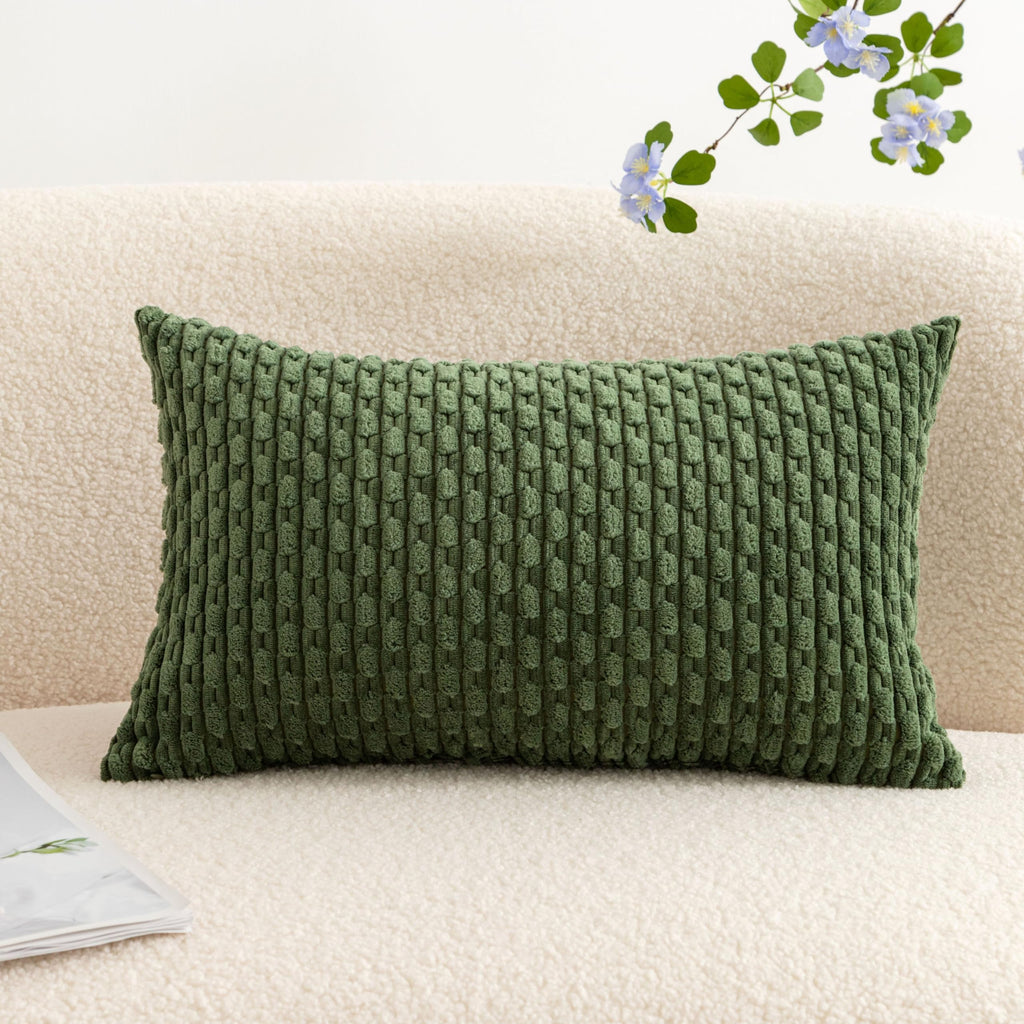 Corduroy Lumbar Throw Pillow Cover 12x20 - Boho Striped, Moss Green