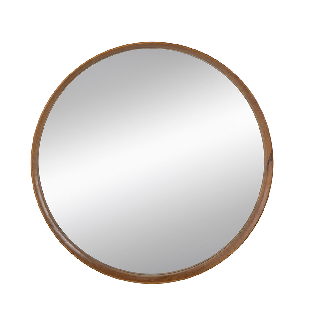 Round Brown Wood Frame Wall Mirror, 39.4 in