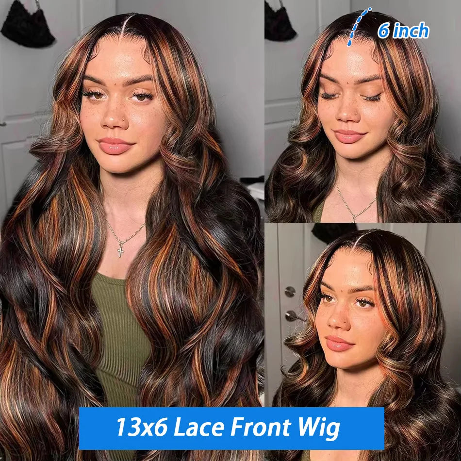 Highlight Ombre 13x4 Lace Front Wigs Human Hair Body Wave Lace Front Pre Plucked 13x6 1B/30 Brown Highlight Wig 220 Density For Women