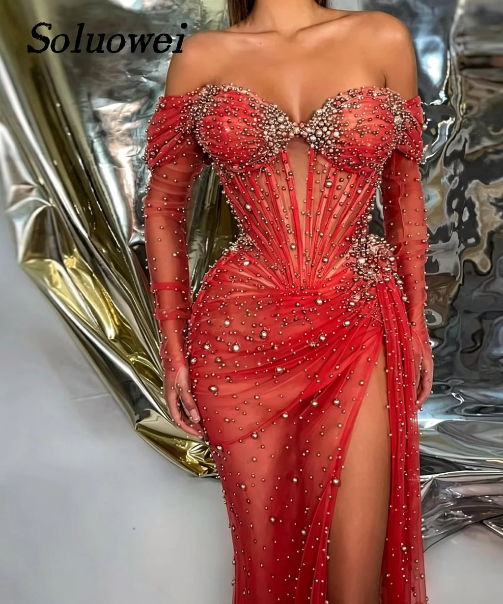 Luxurious Mermaid Evening Dresses Off The Shoulder Pearls Corset Front Slit Dubai Party Prom Gowns Vestidos De Noche Customized