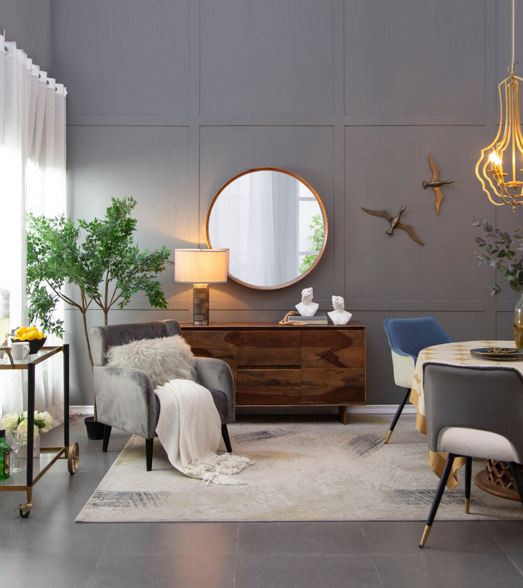 Round Brown Wood Frame Wall Mirror, 39.4 in
