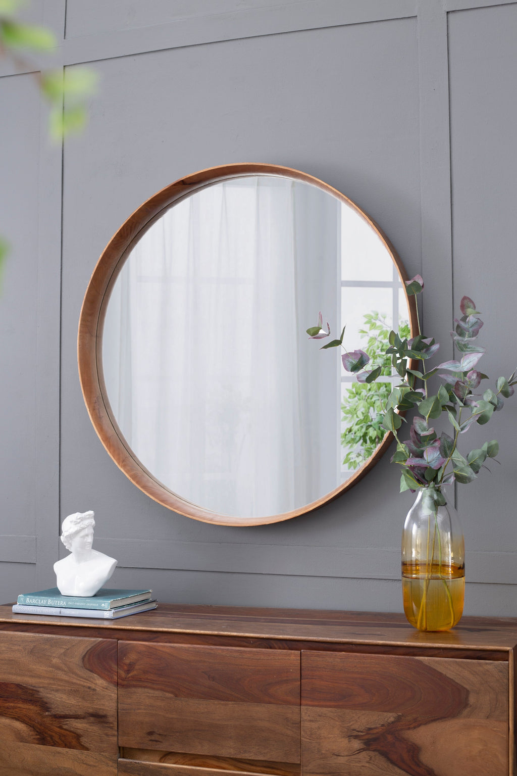 Round Brown Wood Frame Wall Mirror, 39.4 in