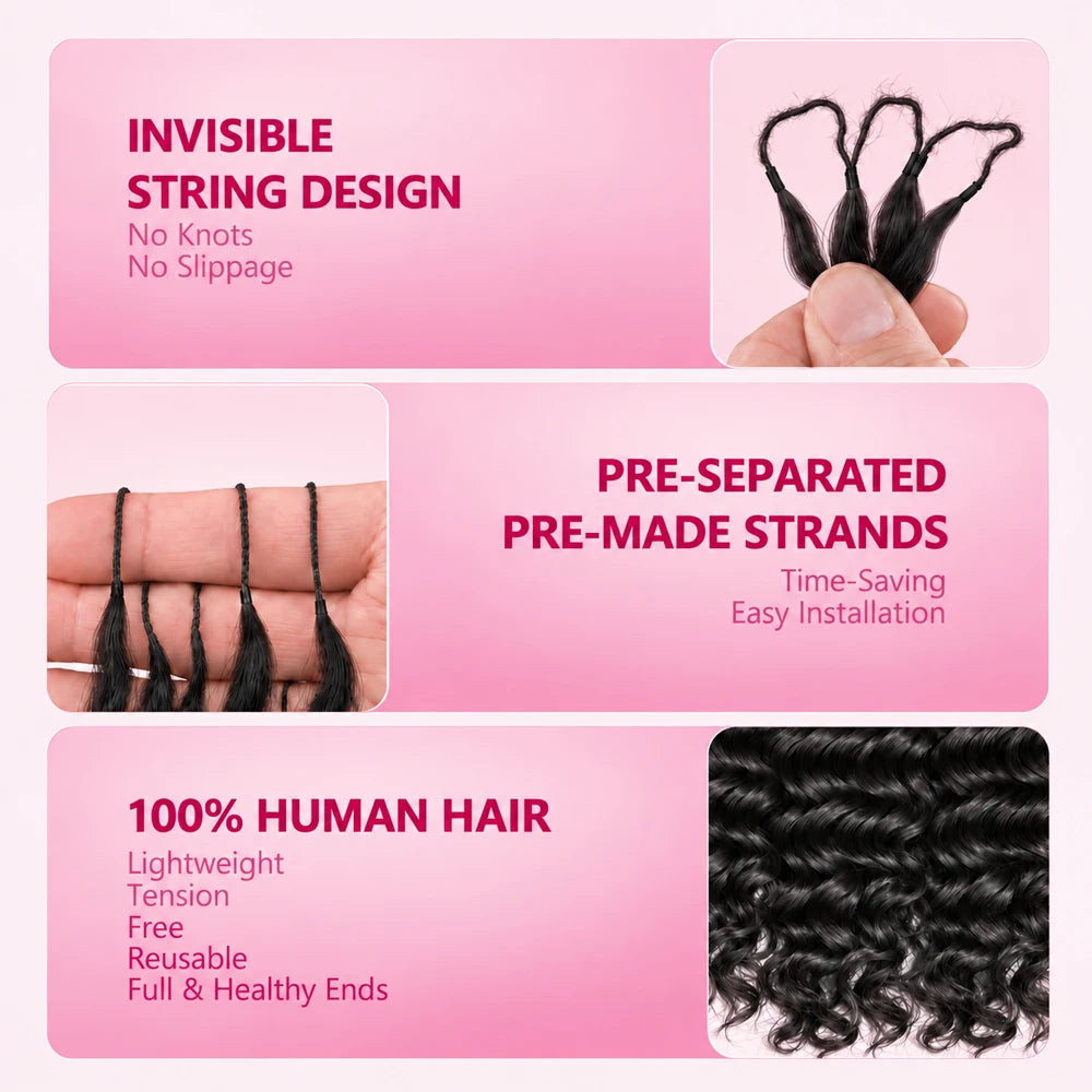 Natural Black Color Water Wave Deep Wave Feather Crochet Human Hair Extensions Miracle Knots Knotless Pre Separated Boho Braiding Hair Soft Natural Curls Lightweight Reusable Protective Style For Women